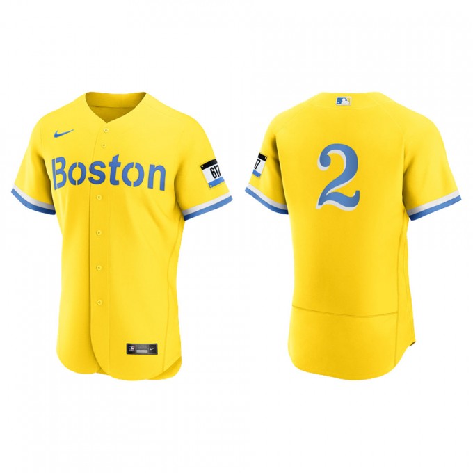 Men's Nike Xander Bogaerts Gold/Light Blue Boston Red Sox City Connect Name  & Number T-Shirt 