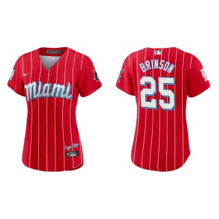 Women Lewis Brinson #25 Marlins 2021 City Connect Jersey Red Replica